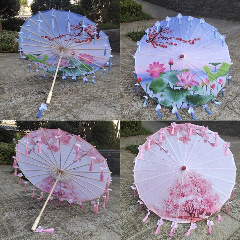 1PC Umbrella 70/82CM Oil Paper for Women Girl Performance Photo Props Antique Umbrella Parasol Satin Cloth Tassel