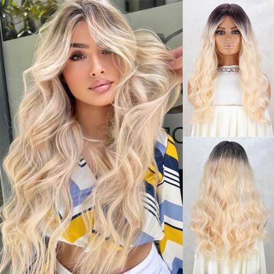 Pelucas sintéticas mixtas rubias y blancas con extensiones de flequillo Pelucas largas onduladas para mujeres Fiesta diaria