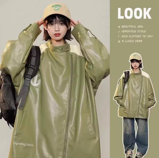 

Женская ретро куртка из искусственной кожи зеленого цвета - Американский уличный стиль, Свободный крой L зелёный