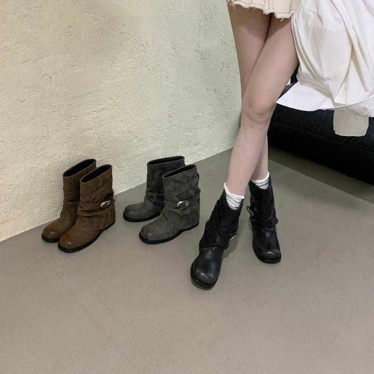 Fashion Belt Buckle Thick Heel Fashion Stacking Boots Women's New Short Knight Boots Locomotive Boots Pants Pants Women's Boots