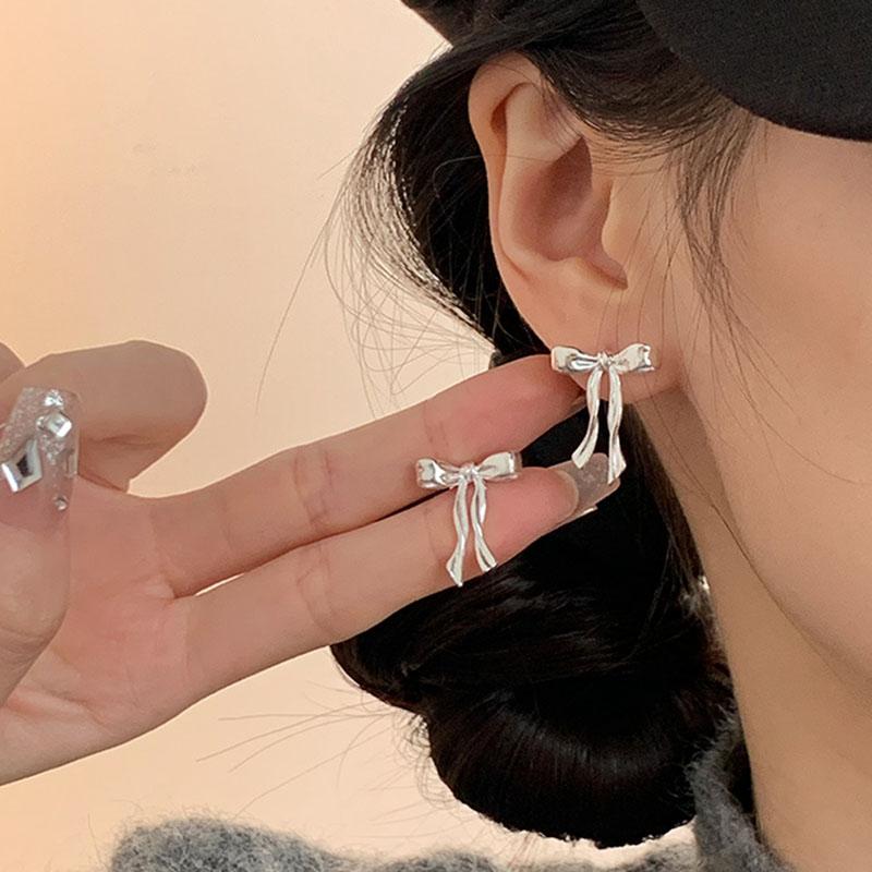 S925 Silver Bow Knot Stud Earrings Elegant Simple Cute Jewelry For Women Girls Fine Piercing Ear Accessories