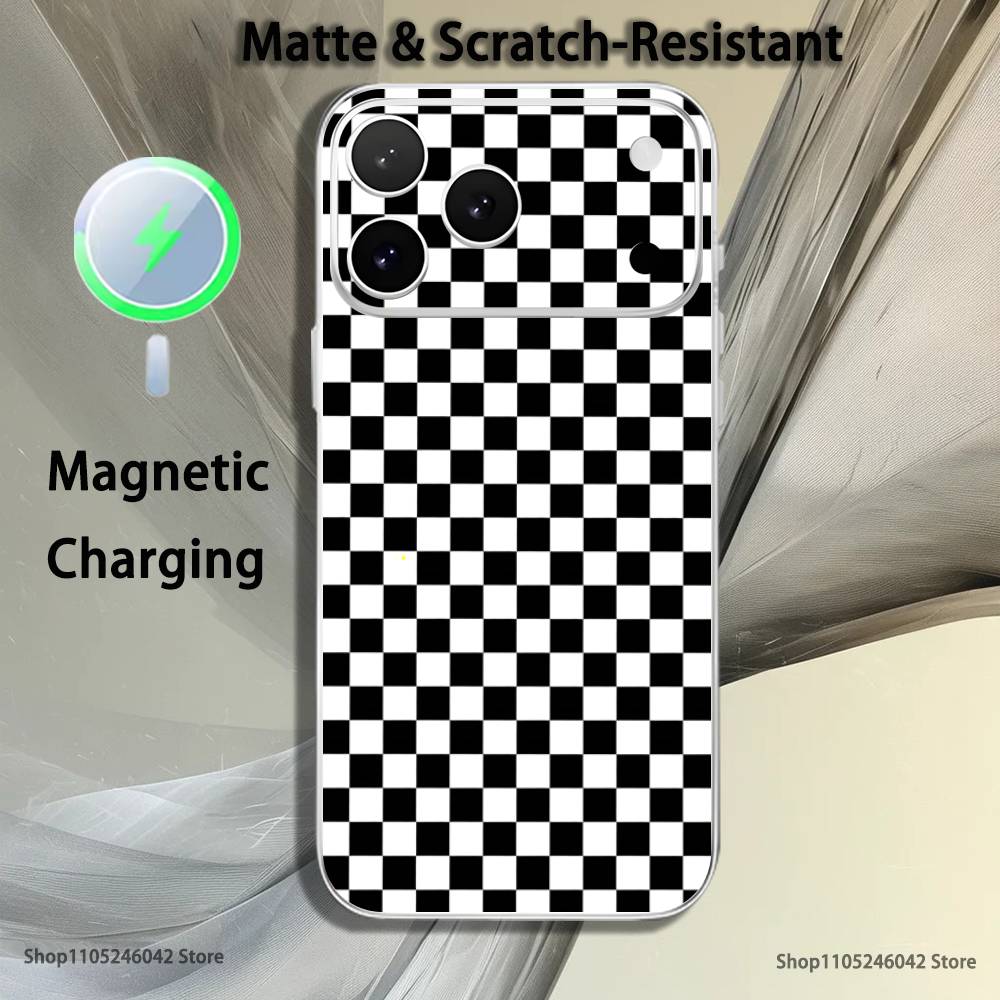 Checkered Pattern Magnetic Wireless Charging Transparent White Phone Case For iPhone 17,16,15,14,13,12,11,Pro,Max,Plus