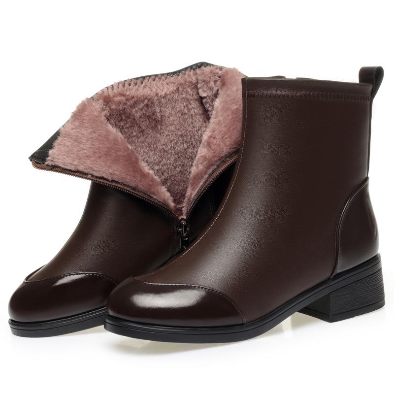 

4.5cm British Style Soft Leather Boots Women s Platform Shoes Winter 2025 Med Block Heels Boots Short Fur Ankle Botas Office Mom 35