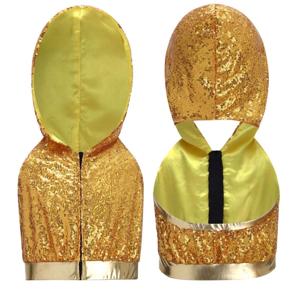 Sparkling Sequins Hip-Hop Jazz Top: Sleeveless Backless Hooded Crop Top with Front Zipper for Stage Dance Costume