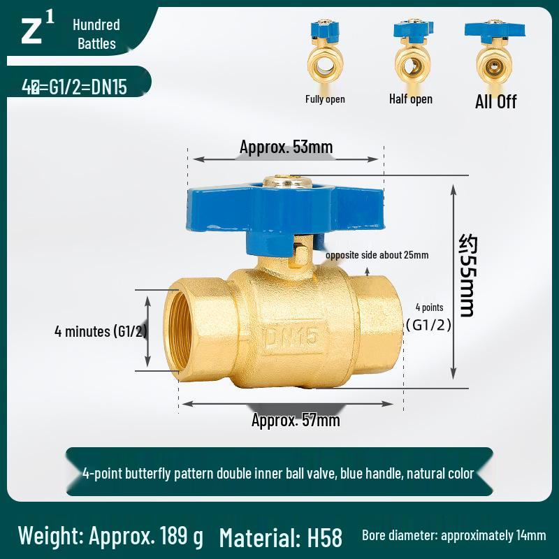 All-Copper Double Internal Thread Ball Valve for Water Heaters, Hot/Cold Tap, DN25, 4/6-Point, Straight Through, Thickened.