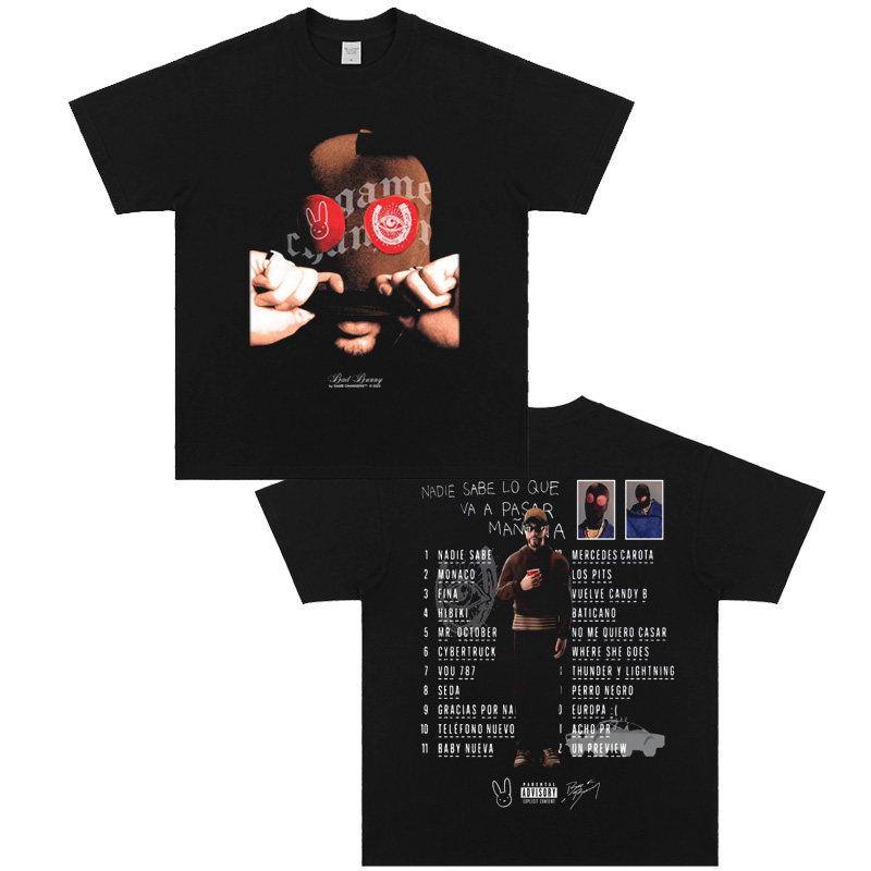 

Bad Bunny Shortsleeved Tshirt Hiphop Casual American Style with A Small Collar and Distressed Digital Print S