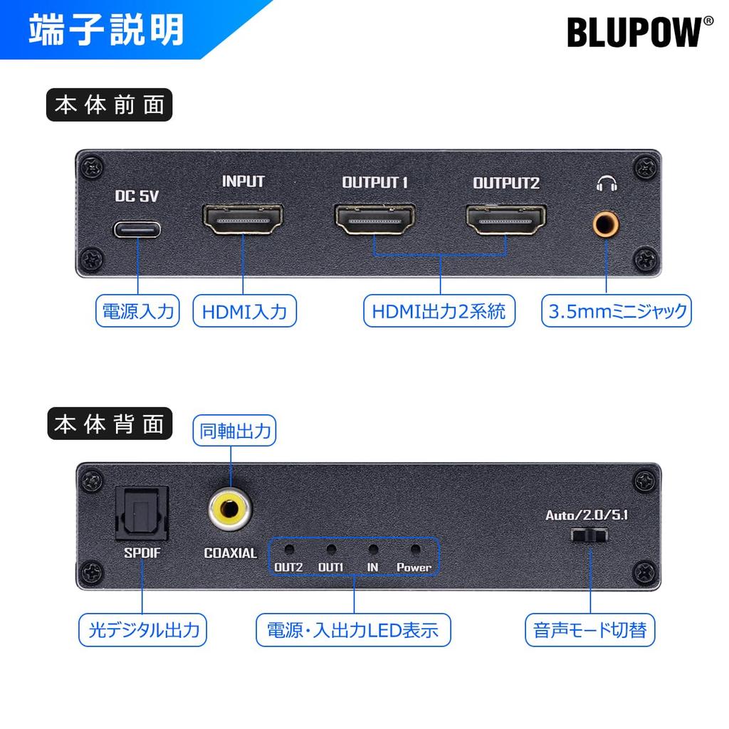 BLUPOW 8K60Hz HDMI Audio Splitter 4K120Hz Distributor 1 Input 2 Outputs Optical Selector Audio Splitter Simultaneous Dual Screen Output Compatible