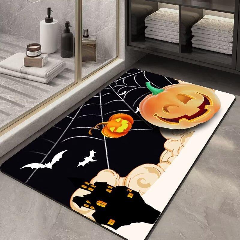 Spooky Halloween Cartoon Non-Slip Soft Washable Indoor Carpet Rug Door Mat - Pumpkin Ghost Black Cat Bat Festive Home Decoration