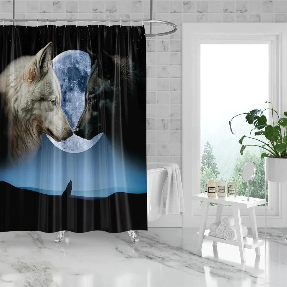 1 Stück Duschvorhang mit Wolfs- und Mondmuster, Wasserdicht und Waschbar, Mit 12 Haken, Für Badezimmer Dusche, Badewanne, Heimgebrauch