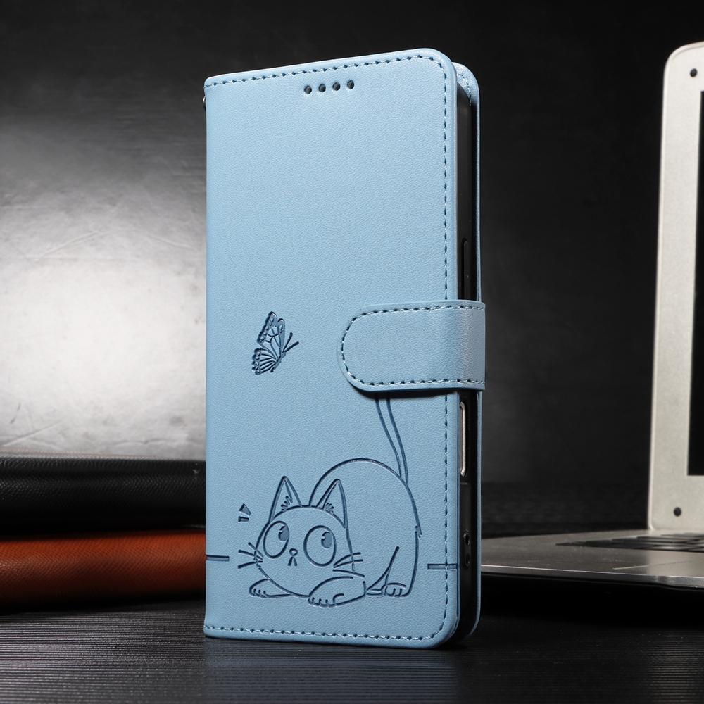 Magnetic Leather Wallet Case for Samsung Galaxy A05 A05S A06 A12 A13 A14 A22 A23 A24 A25 4G 5G | Cat & Butterfly Embossed Design