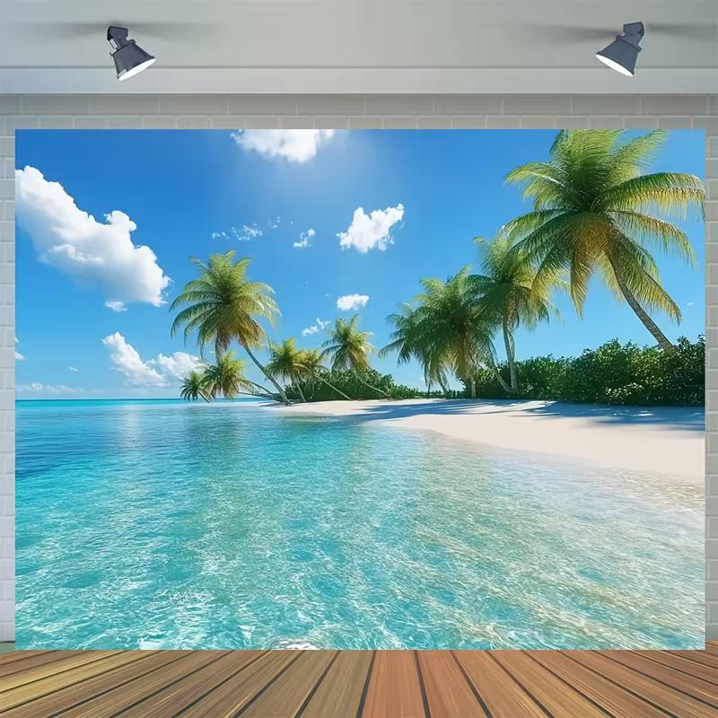 2D Summer Tropical Island Banner, Clear Ocean Palm Tree Backdrop for Party & Decor