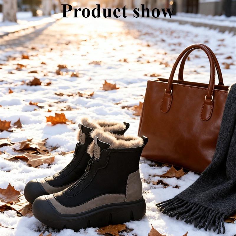 Women's Retro Zipper Fashion Lightweight Soft Sole Winter Warm Plush Snow Boots Lined with Fleece Non-slip Casual Sports Cotton Boots