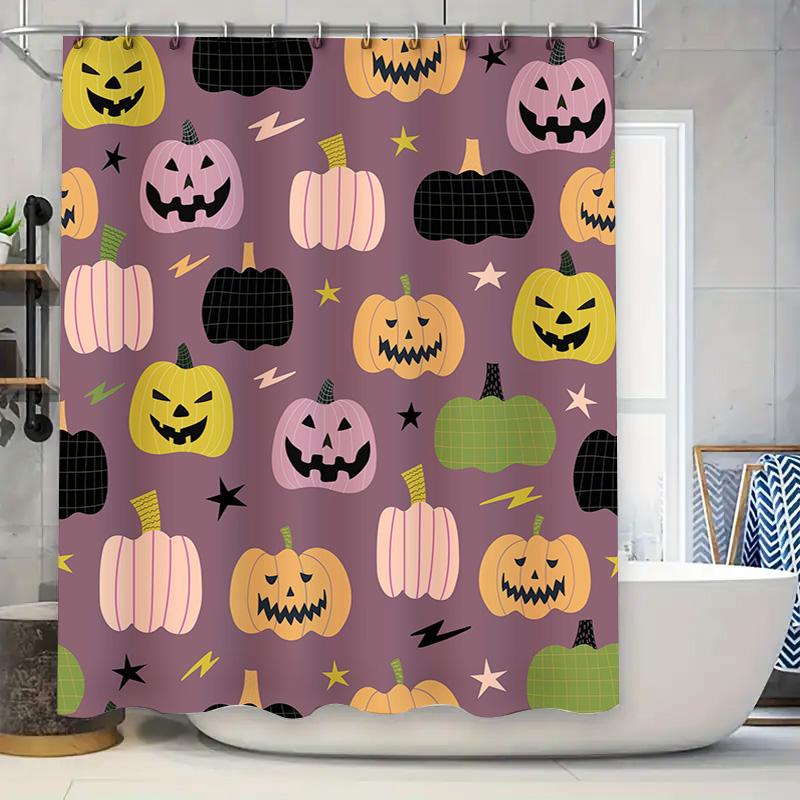 

Halloween-themed shower curtain with spooky pumpkins decorative bathroom accessory for fall season! 90x180cm