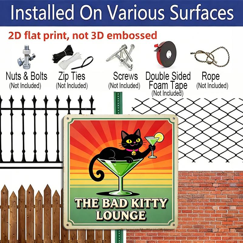 2D Flat - 1pc, Vintage Metal Aluminum Decorative Sign, Bad Cat Cocktail Humorous Slogan, Suitable for Porch, Foyer, Living Room, Bar, Room Decor