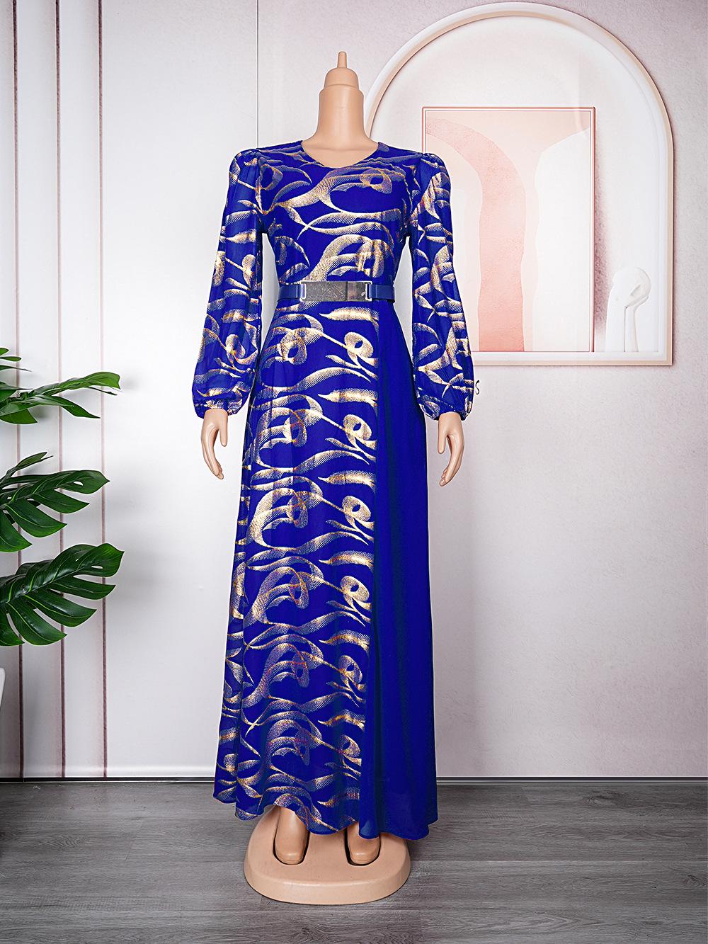 

2023 Plus Size Evening Chiffon Color Block Dress with Belt - European & American Style L синій