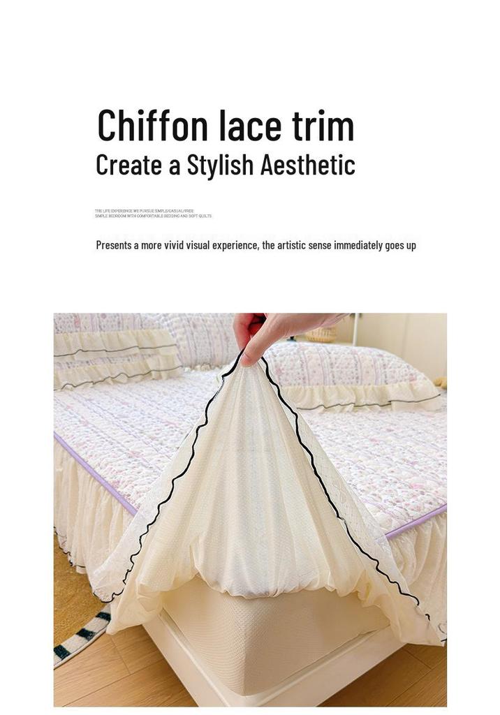 Korean Style Crinkled Gauze Quilted Bed Skirt with Fresh Lace Trim - Non-slip Home Bedding Set