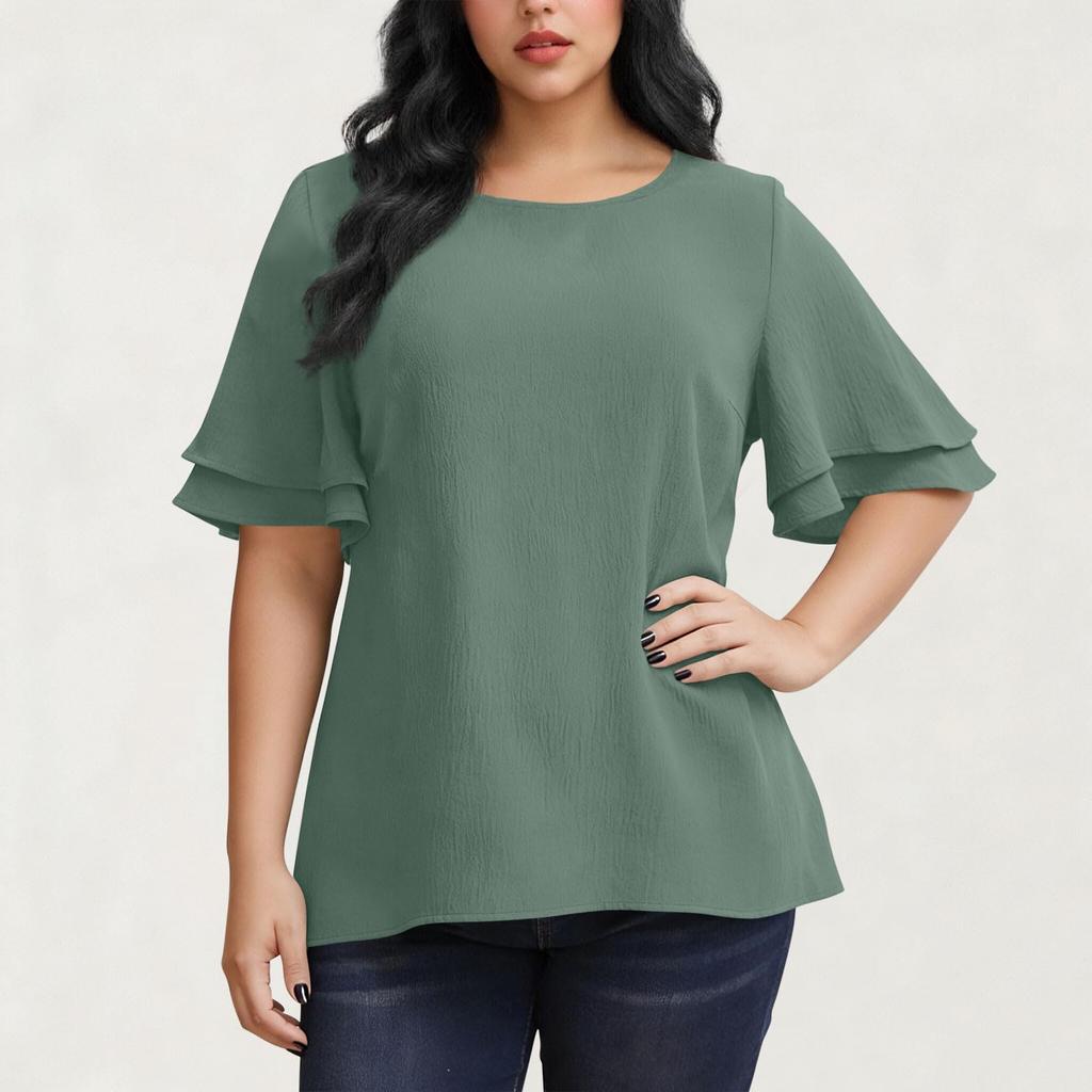 Women's Fashion Plus Size Color Round Neck Ruffled Five Quarter Sleeve Casual Loose T-shirt Top