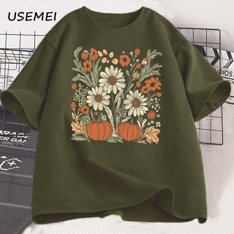 Boho Fall Floral T Shirt Retro Fall Tshirt Autumn Vibes Pumpkin Season Graphic Tee Women Vintage Halloween Women Clothing Tees