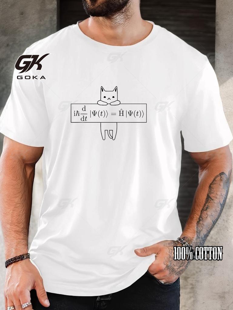 Männliche Katze und Schrödinger-Gleichung Muster Sommer 100 Reine Baumwolle Modisch Lässig Locker Bedruckt Rundhals Kurzarm T-Shirt Oberteil