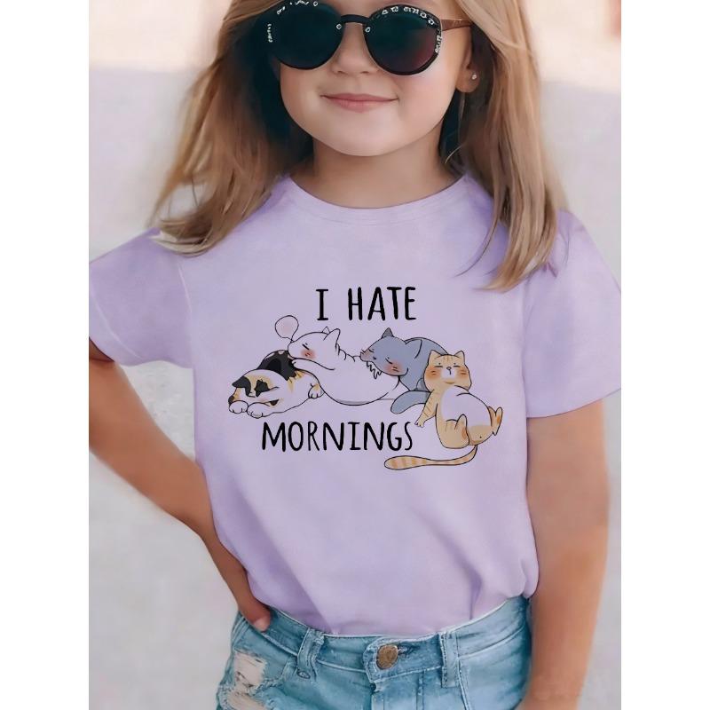 Summer Spring Kids I Hate Morning Cat Printed T Shirts Kids Children's T-shirt Boys Girls Casual Top Tee