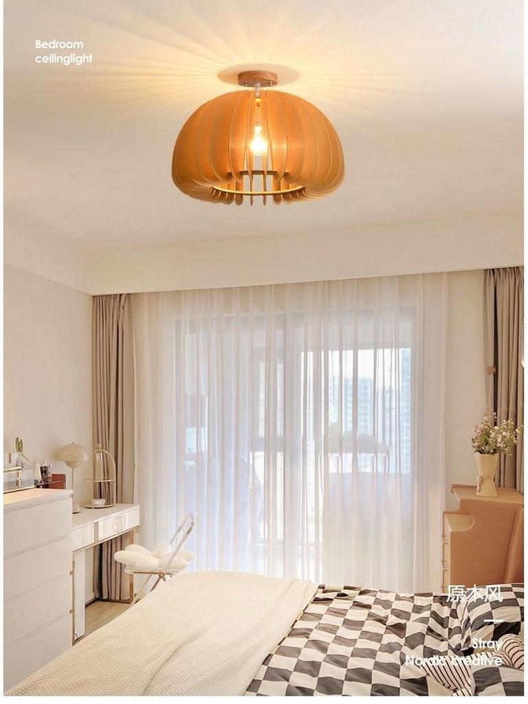 Stairwell Retro Japanese Solid Wood Pumpkin Pendant Light for Bedroom or Study