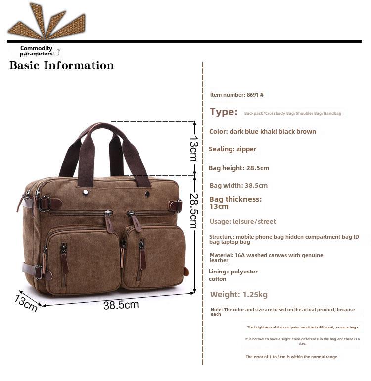 Cross-Border Multifunctional Canvas Backpack: Briefcase, Handbag & Shoulder Bag with Large Capacity for Laptops & Casual Travel.