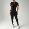 Cross-Color Yoga Jumpsuit: Short Sleeve, Zipper, Nine-Point Design for Women