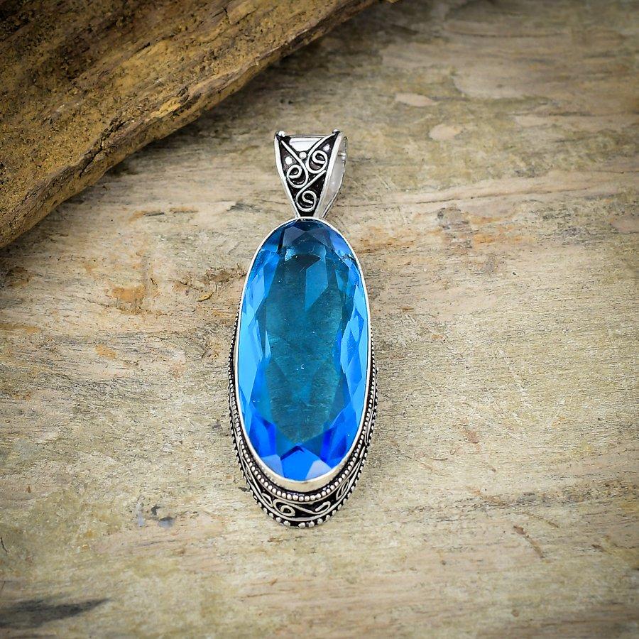 Swiss Blue Topaz Gemstone 925 Sterling Silver Jewelry Pendant 2.48" M-157