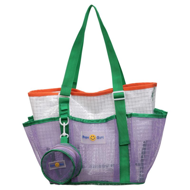 Dopamine Color Block Mesh Beach Bag – Large Capacity Travel and Swim Tote