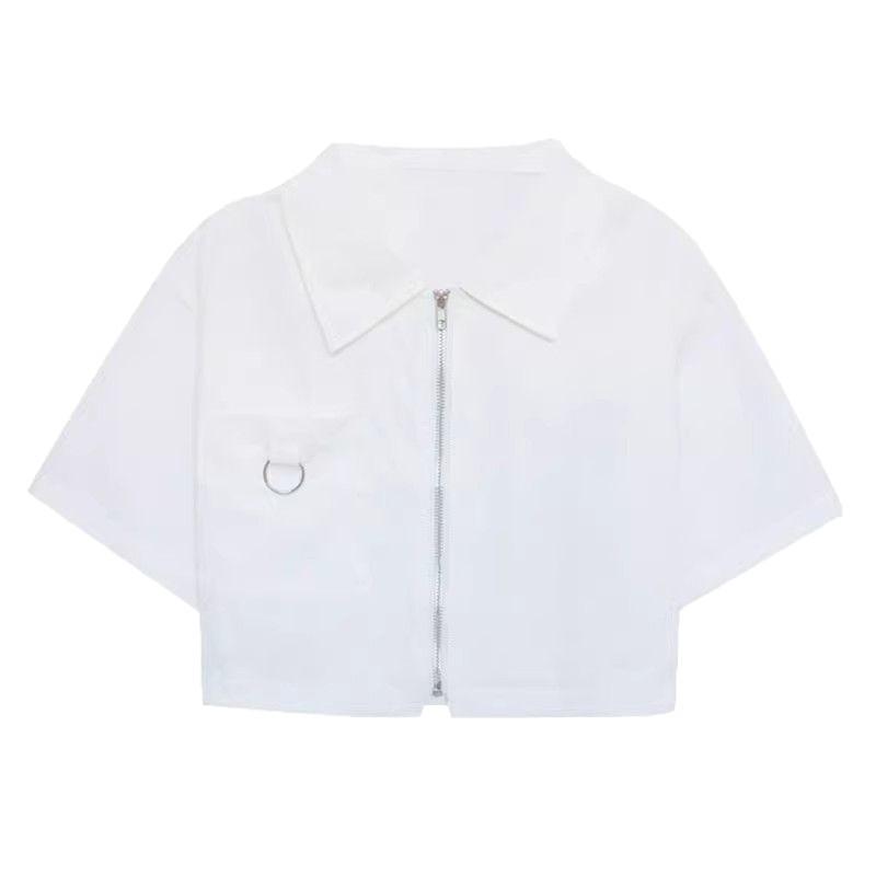 Spring and Summer New Simple Style Polo Shirt Zipper Short-sleeved Shirt Women's Design Short Cardigan Top