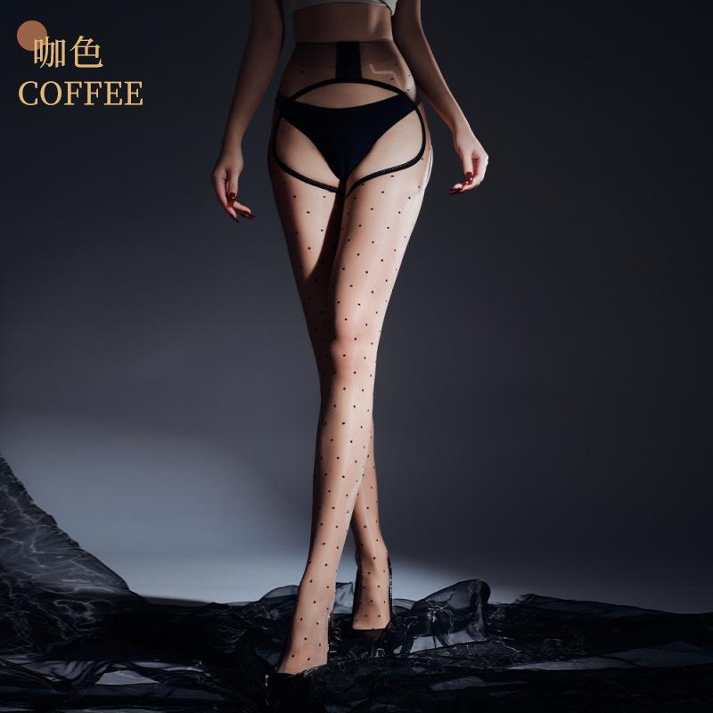 Sexy Aurora Stockings Hollow Out Large Crotchless Garter Dot Ultra-Thin Glossy Erotic No-Need-To-Remove Black Stockings