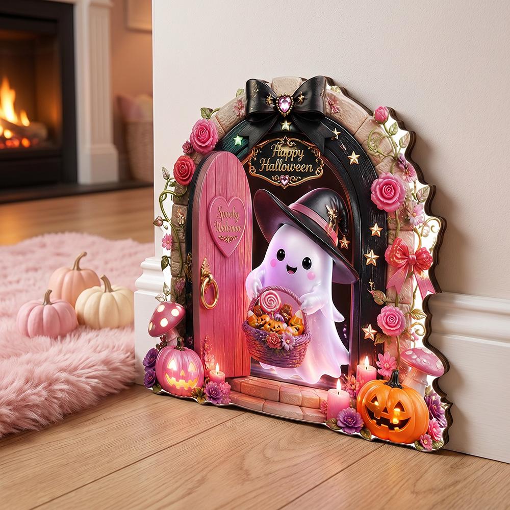 Halloween Vintage Ghost Pumpkin Double-layer Wooden Fairy Door Festive Atmosphere Outdoor Landscaping Decoration Sign Plate