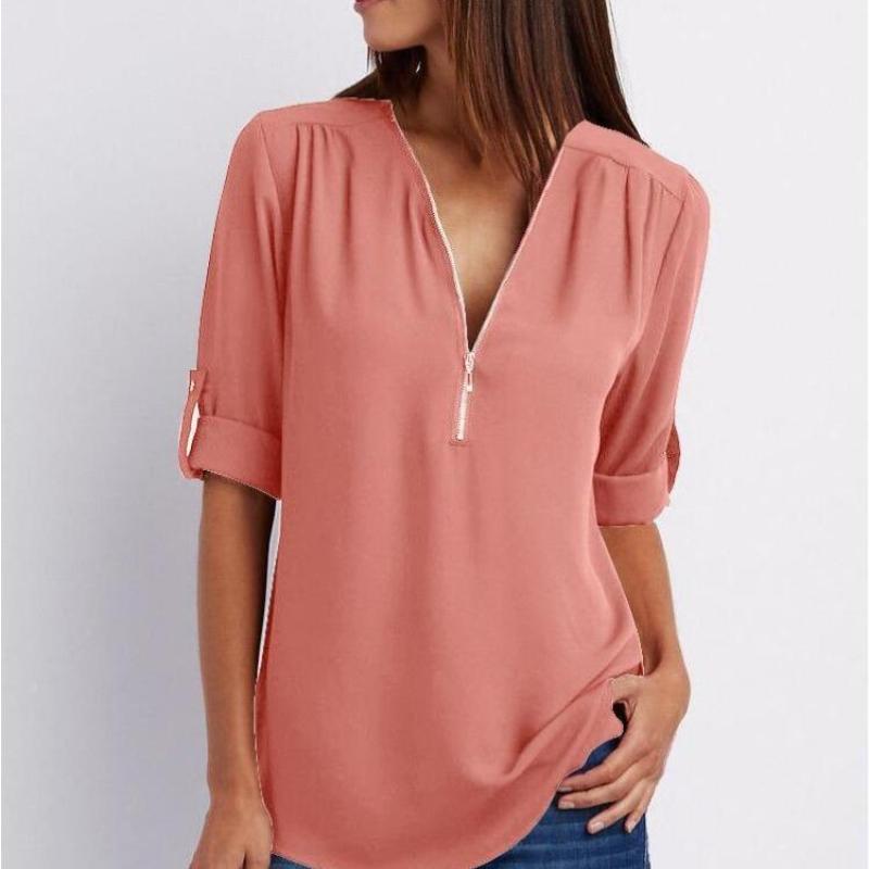 Camicia a maniche lunghe in chiffon con scollo a V e cerniera, taglie forti, da donna, con maniche regolabili