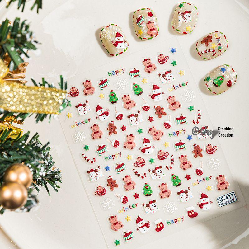 Sky Cartoon Christmas Bear & Snowman Nail Art Stickers - Embossed Tree DIY Journal No specifications