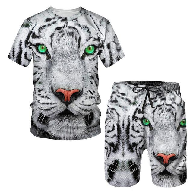 Tricou/costumul cu imprimeu 3D The Tiger, cu mâneci scurte, cu gâtul O, pantaloni de plajă pentru bărbați, set de 2 bucăți, îmbrăcăminte sport pentru cuplu, pantaloni scurți de înot
