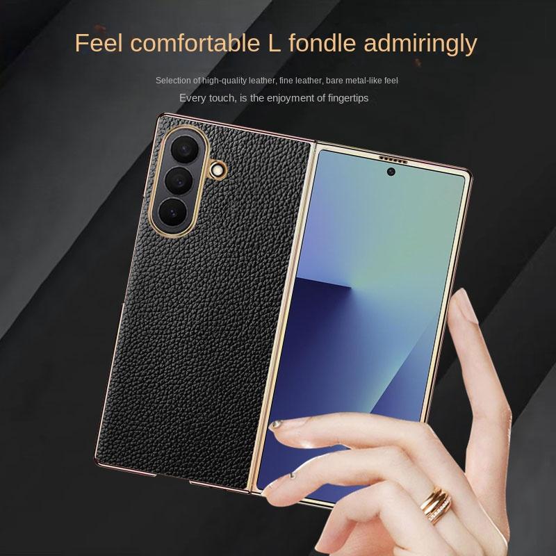Luxury Business Sle Lichee Leather Skin Feel Phone Case for Samsung Galaxy Z Fold 7 Plating Shockproof Protect Back Cover