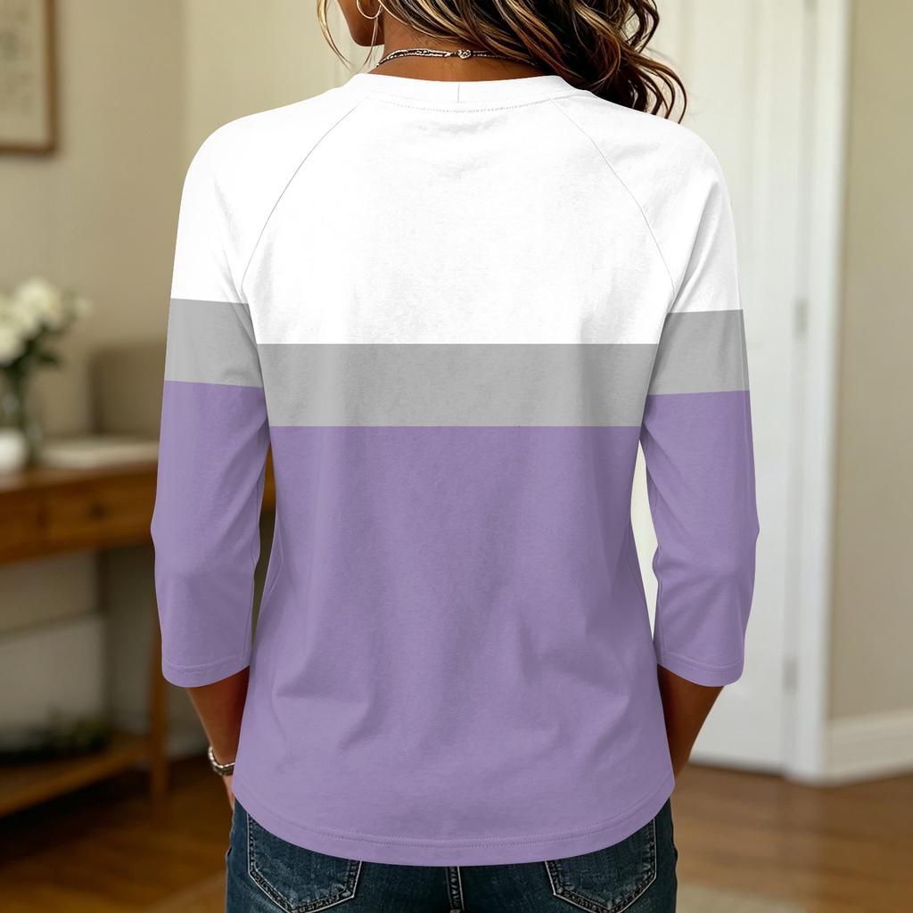Women's Raglan Sleeve T-Shirt, Round Neck Three-Quarter Sleeve Striped Color-Block Pullover Top
