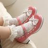 Fashion Girls Sweet Med Heel Ruffles Lolita Shoes Cute Bow Mary Jane Pumps Bride Wedding Cosplay Party Red Pink Black Green Size 34-48