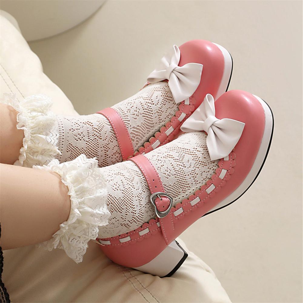 Fashion Girls Sweet Med Heel Ruffles Lolita Shoes Cute Bow Mary Jane Pumps Bride Wedding Cosplay Party Red Pink Black Green Size 34-48