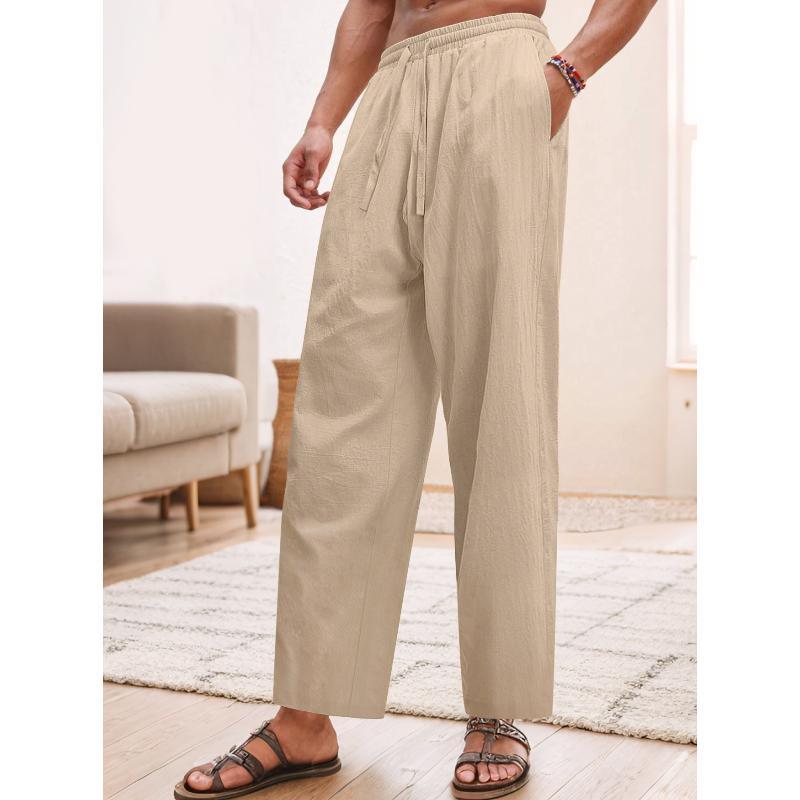 Męskie lniane spodnie Lekkie ze sznurkiem Elastyczna talia Luźny krój Proste nogawki Spodnie z kieszeniami Oddychające Plażowe do jogi do pracy Lniane spodnie dla mężczyzn