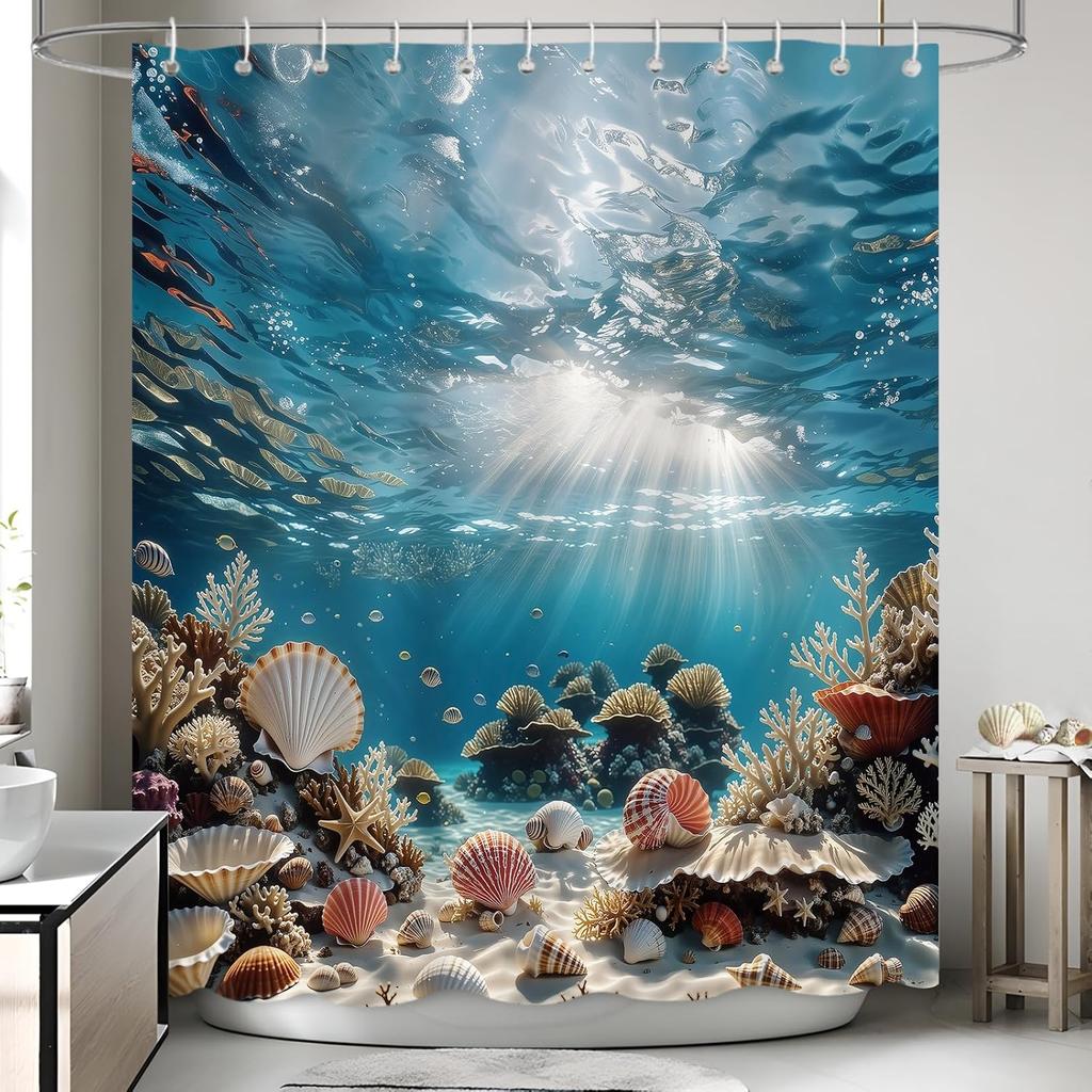 Nautical Coastal Shower Curtain, Ocean Themed Shell Coral Underwater Shower Curtain for Bathroom, Tropical Beach Coastal Sea