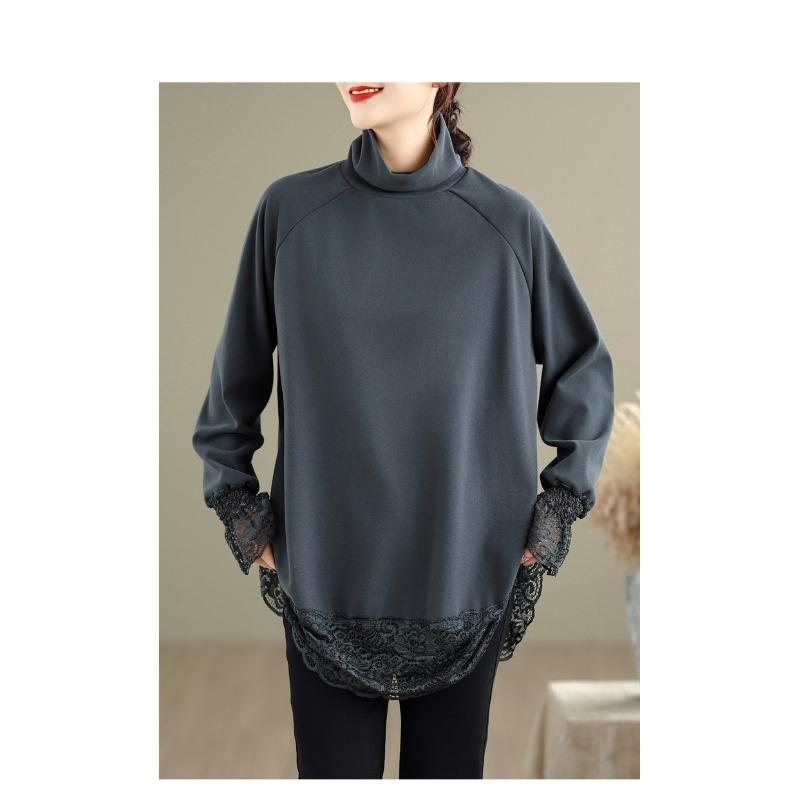 

DIMANAF 2025 Женские пуловеры больших размеров, женские водолазки, вязаное кружево, осень-зима, свободные топы с длинными рукавами, рубашки one size серый