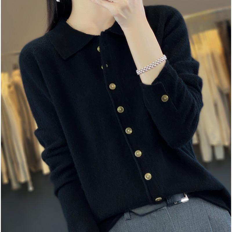 Polo Collar Knitted Wool Cardigan for Women In Autumn and Winter New Fashion Versatile Sweater Warm Skin-friendly Coat Top