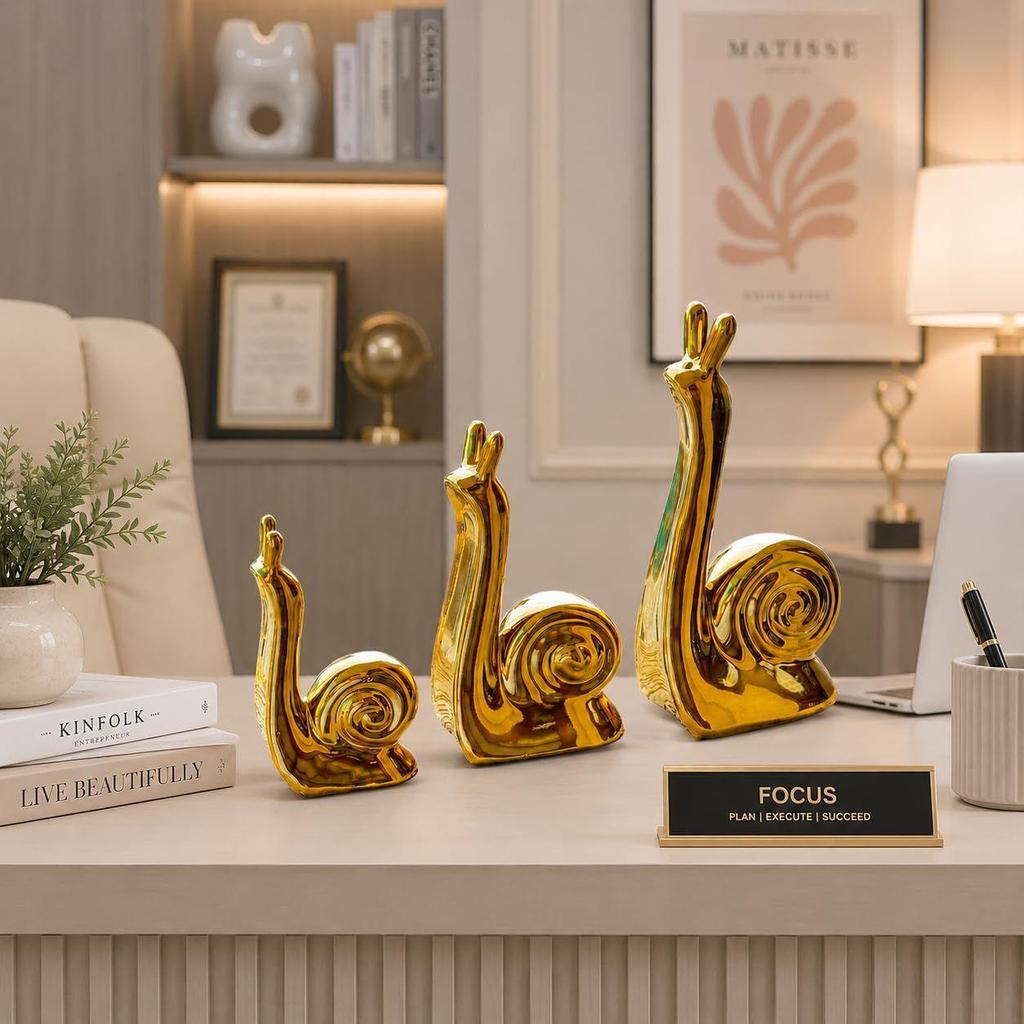Home Decor Snail Family Ceramic Finish Figures - (Set of 3 Piece, Golden)