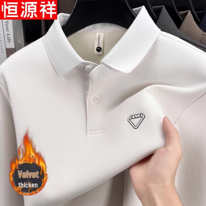 Hengyuanxiang Men s Fleece-Lined Cotton Long Sleeve Polo T-Shirt 2XL