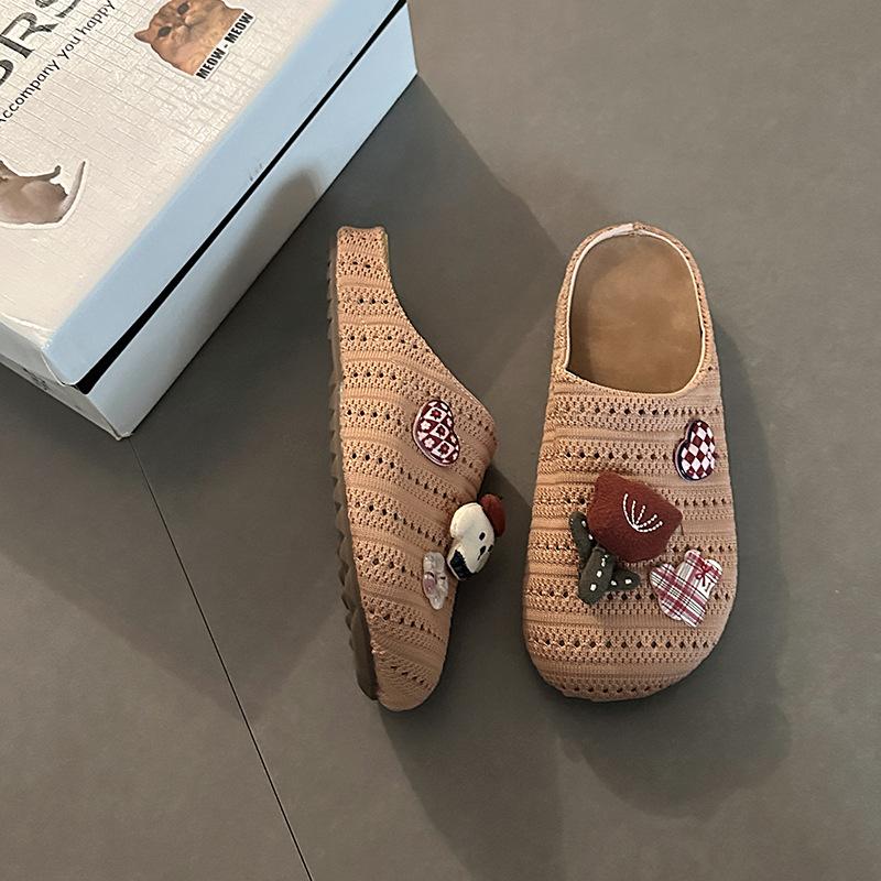 Cartoon fashion cute hollow woven bag head slippers women's summer retro versatile home breathable flat bottom cool slippers