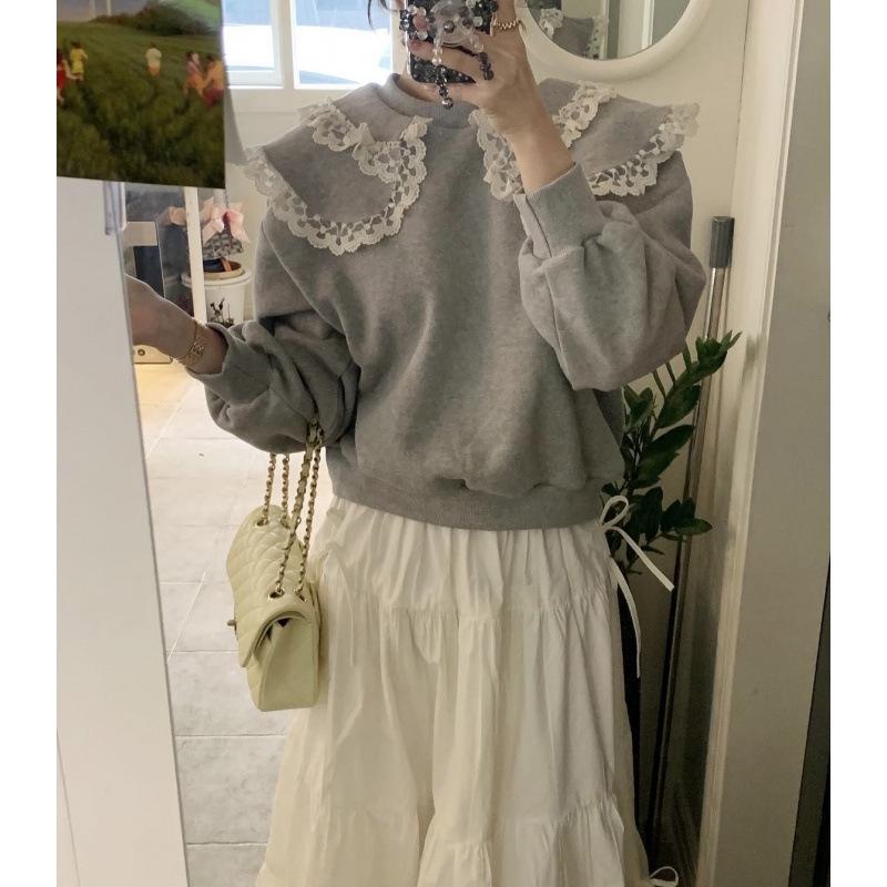 Lace Patchwork Design Hoodie One Size серый