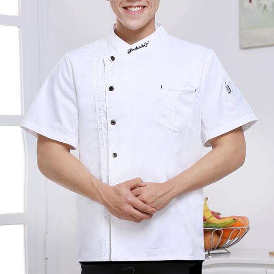 Şef Üst ​​Yama Cep Tek göğüslü Stand Yaka Düğmeler Kısa Kollu Catering Restoran Unisex Artı Boyutu Şef Üniforma Pişirme Kıyafetleri