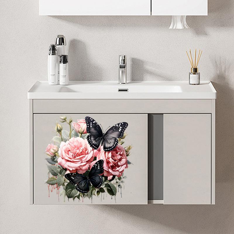 Pink Rose Black Butterfly Floral Wall Stickers Self Adhesive Peel and Stick Decor for Bathroom Cabinets Refrigerator Doors Home Decoration