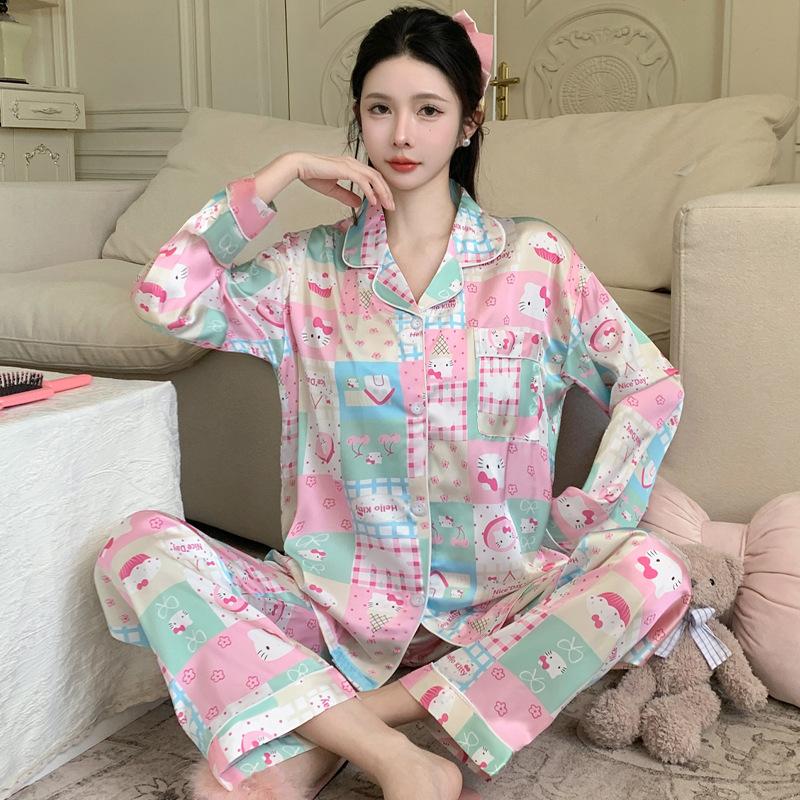 Color Matching Plaid Cartoon Pajamas Women'S Long-Sleeved Set Lapel Cardigan Loungewear Two-Piece Set